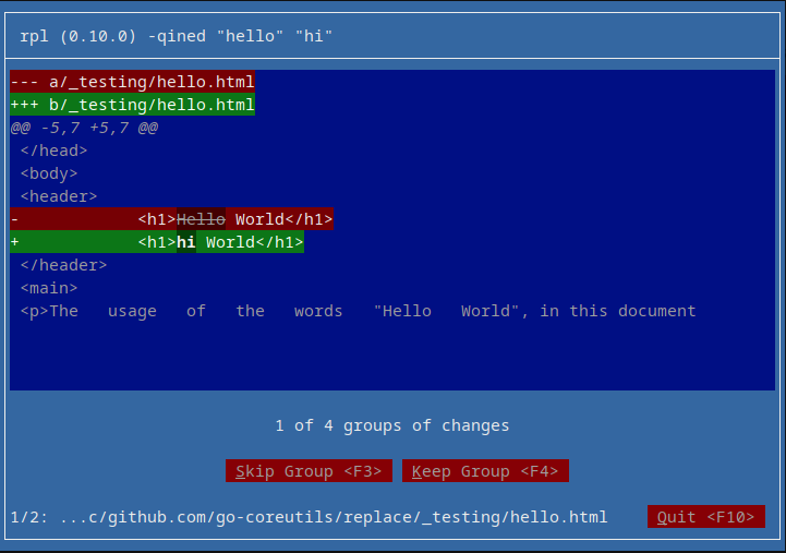 rpl hello.html selecting group 1
